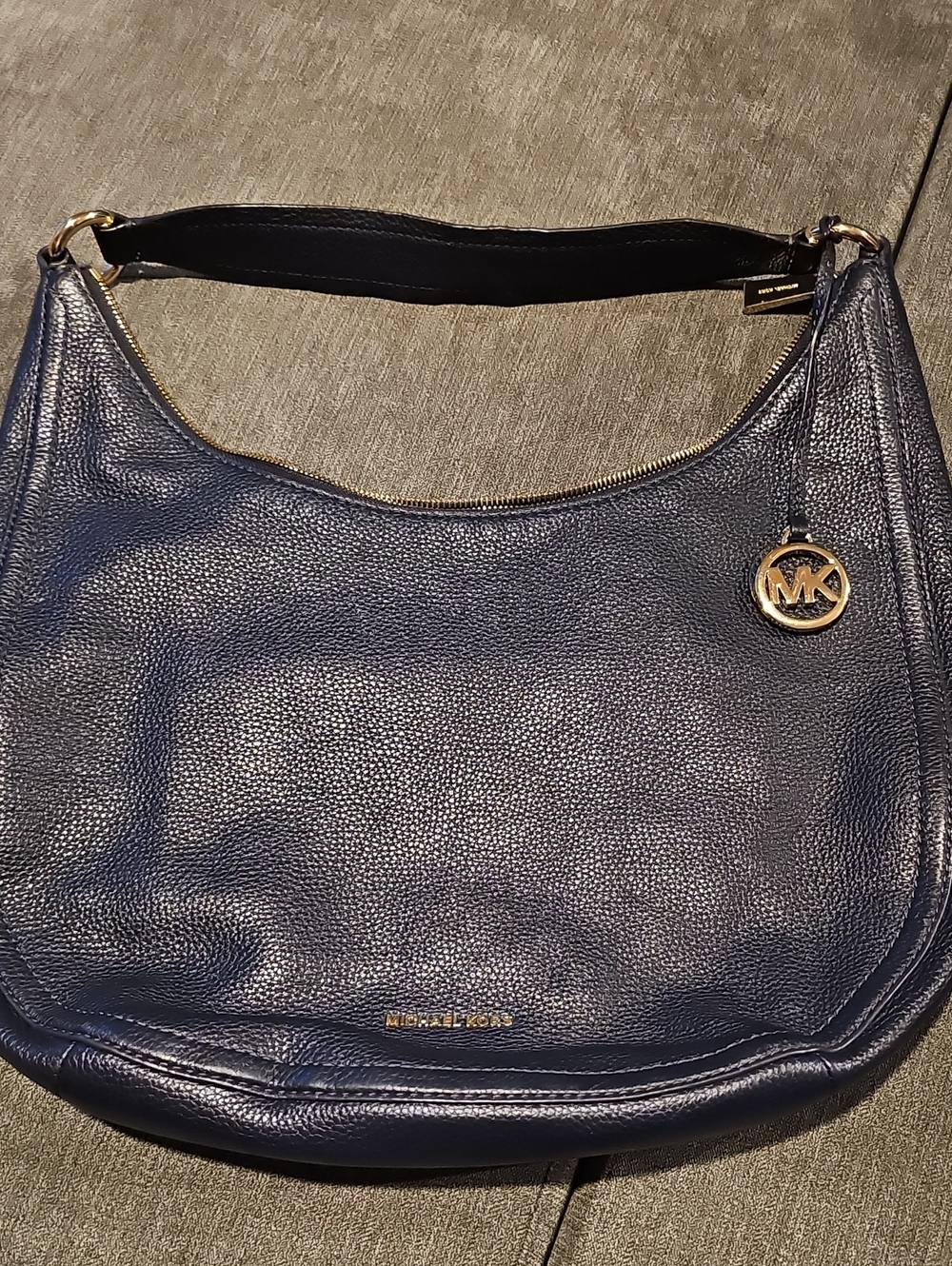 Michael Kors Navy Pebbled Leather Shoulder Hobo with Gold MK Charm